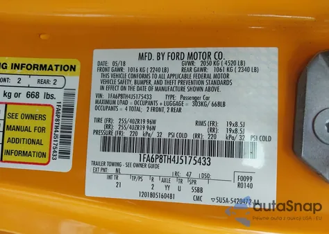 2018 Ford Mustang Ecoboost z USA, uszkodzony, nr VIN 1FA6P8TH4J5175433